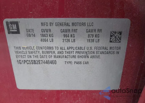 2014 Chevrolet Cruze 1Lt Auto z USA, uszkodzony, nr VIN 1G1PC5SB2E7448460